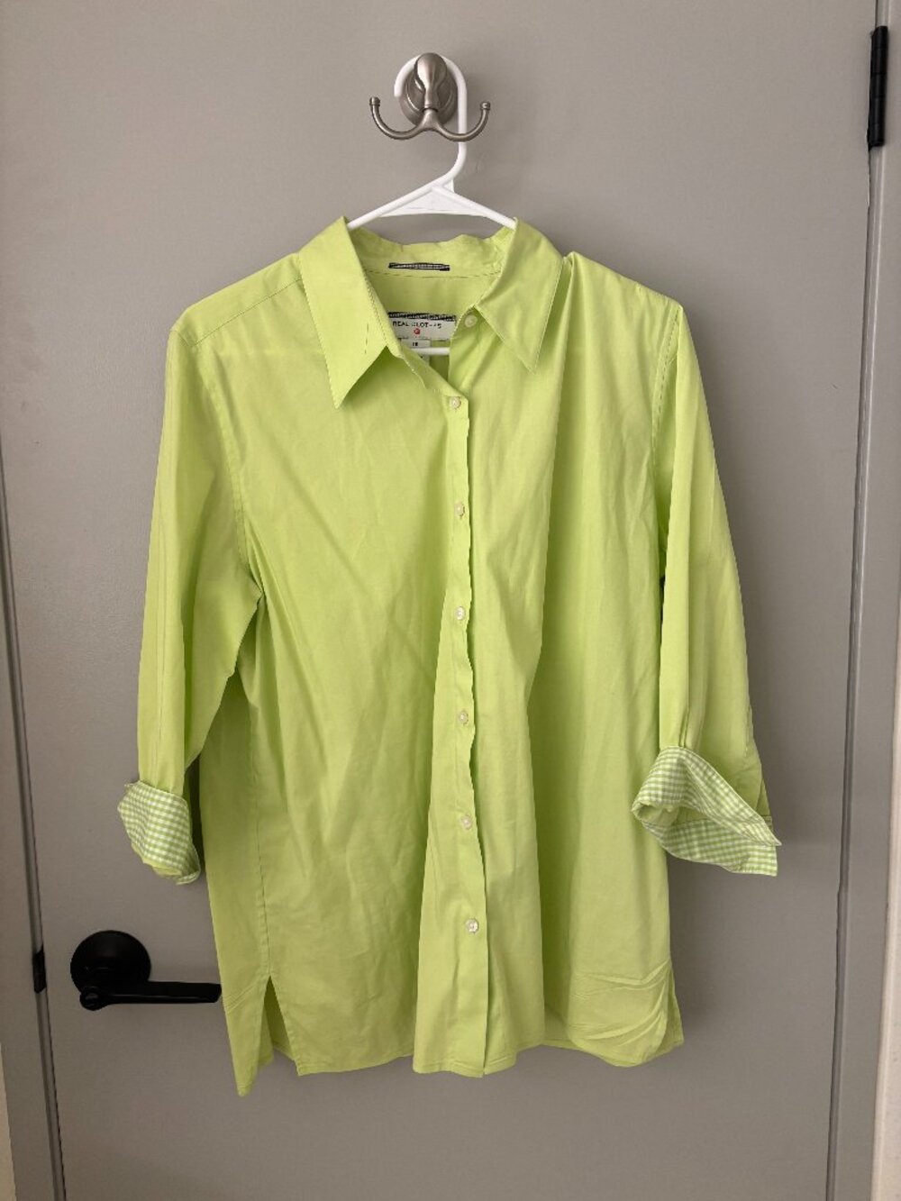 Real Clothes Lime Green Button Down Shirt Gingham Cuffs